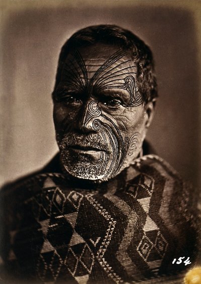 Portrait of a Maori with a tattooed face, c.1886-88 by New Zealand Photographer
